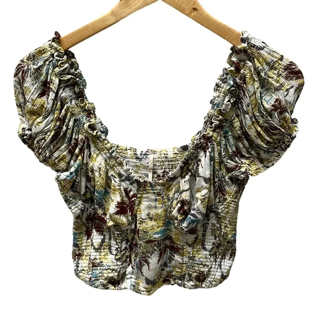 Free People Ruffle Smocked Puffy Sleeve Crop Top Size S